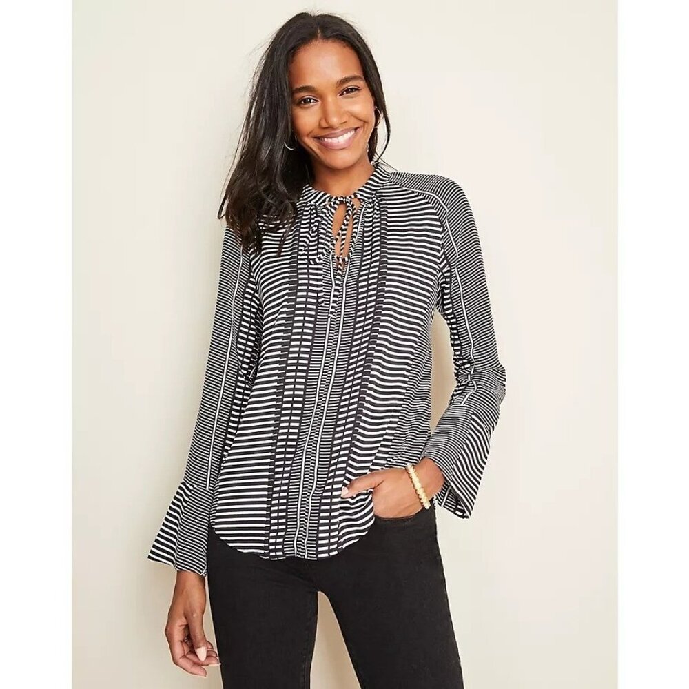 Ann Taylor Womens Large Mixed Stripe Tie Neck Flare Cuff Blouse Shirt Top